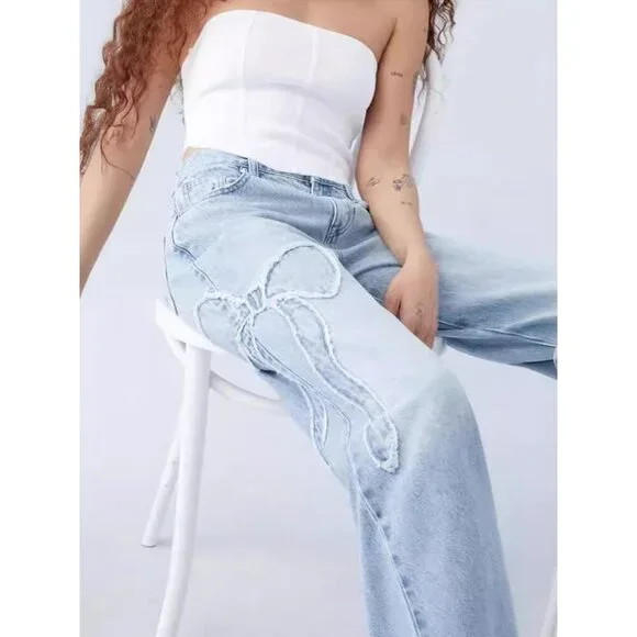 Women's High Rise Straight Leg Denim Jeans Recycled Fiber Embroidery - Picture 6 of 6